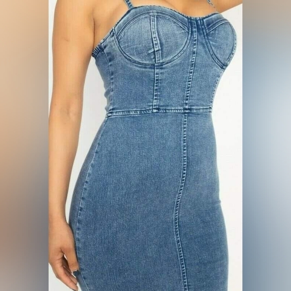 Dark Wash Camisole Denim Bustier Mini Dress with Stretch - Picture 4 of 12